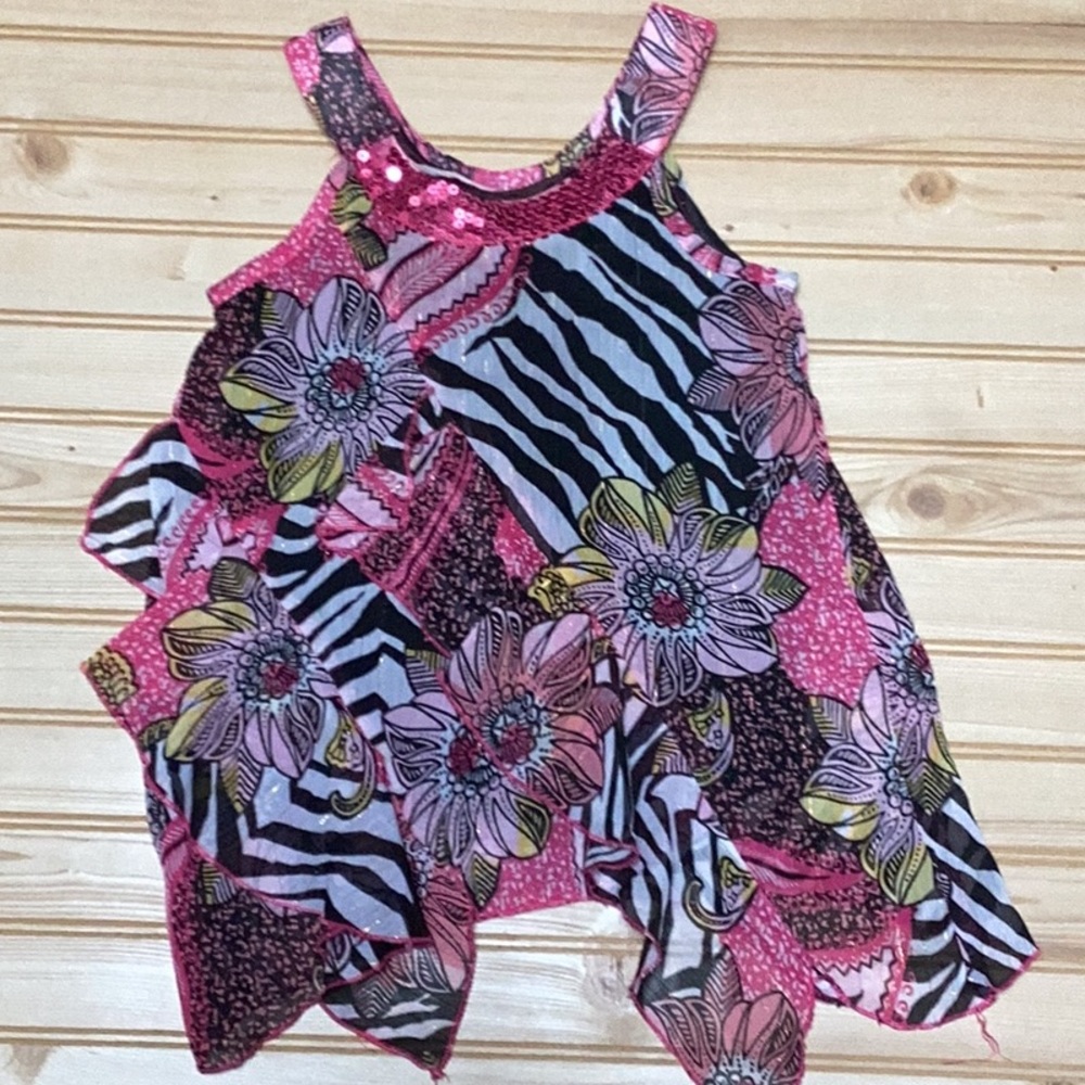 Pogo Club‎ of NY Metallic Pink Floral Zebra Sequin Bling Layered Girls Top 6/6X